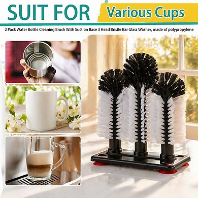 2 Pack Water Bottle Cleaning Brush 3 Detachable Heads Suction Base Glass Cup Cleaner Kitchen Tool