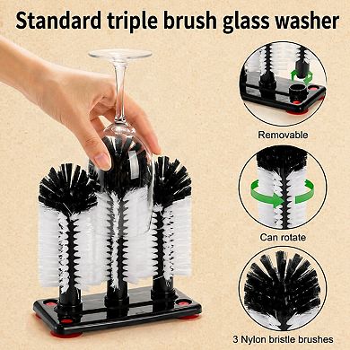 3 Brush Glass Washer Triple Rinser Cup Suction Base Bristle Cleaner