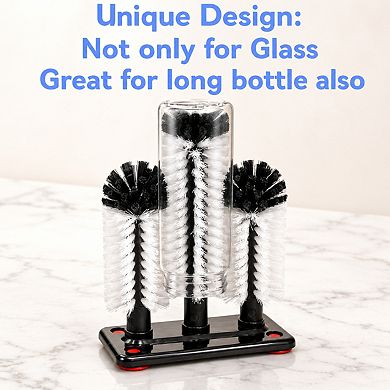 3 Head Water Bottle Cleaning Brush with Suction Base Detachable for Glass Cup Bar Kitchen