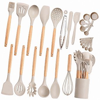 26 Silicone Cooking Utensils Set with Holder BPA Free Heat Resistant Wooden Handle Non-Stick Safe