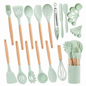 26 Silicone Cooking Utensils Set with Holder BPA Free Heat Resistant Wooden Handle Non-Stick Safe