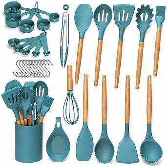 33 pc Silicone Kitchen Utensils Set Non-Stick Heat Resistant Wooden Handle with Holder