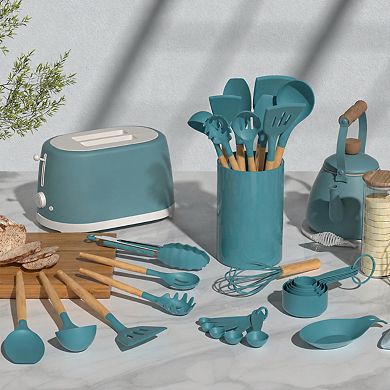 33 Piece Silicone Kitchen Utensils Set Non-Stick Heat Resistant Wooden Handle with Holder
