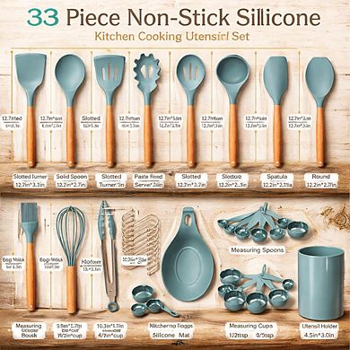33 Piece Silicone Kitchen Utensils Set Non-Stick Heat Resistant Wooden Handle with Holder