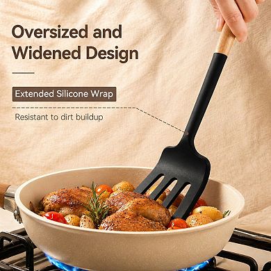 6-Piece Silicone Kitchen Utensil Set Heat Resistant Wooden Handle Non-Stick Safe BPA Free