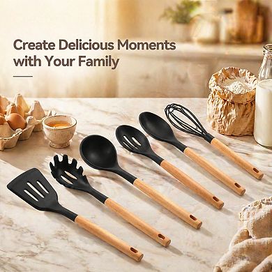 6-Piece Silicone Kitchen Utensil Set Heat Resistant Wooden Handle Non-Stick Safe BPA Free