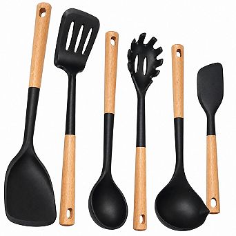 6 pc Silicone Kitchen Utensil Set Heat Resistant Wooden Handle Non-Stick Safe BPA Free
