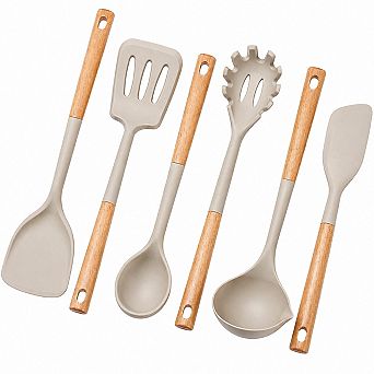 6 pc Silicone Kitchen Utensil Set Heat Resistant Wooden Handle Non-Stick Safe BPA Free