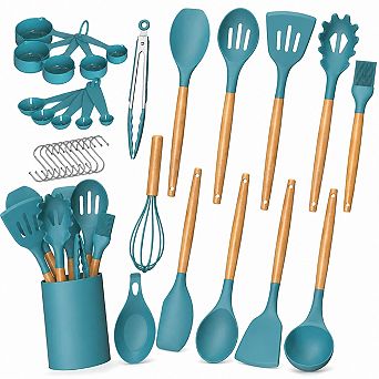 33 pc Silicone Kitchen Utensils Set Heat Resistant Wooden Handle Non Stick Cookware Tools