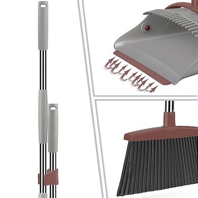 Broom and Dustpan Set Long Handle Adjustable Upright Sweeping Indoor Outdoor Gray Green
