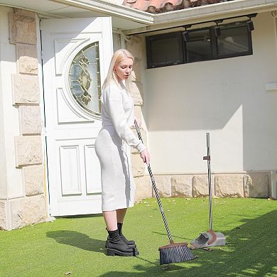 Broom and Dustpan Set Long Handle Adjustable Upright Sweeping Indoor Outdoor Gray Green