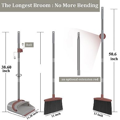 Broom and Dustpan Set Long Handle Adjustable Upright Sweeping Indoor Outdoor Gray Green