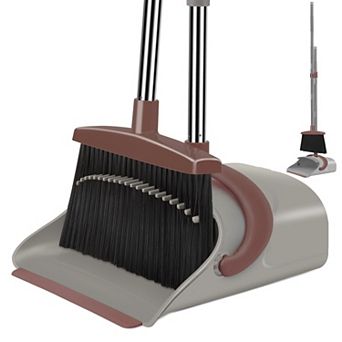 Broom and Dustpan Set Long Handle Adjustable Upright Sweeping Indoor Outdoor Gray Green