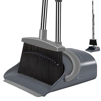 Broom and Dustpan Set Long Handle Adjustable Upright Sweeping Indoor Outdoor Gray Green