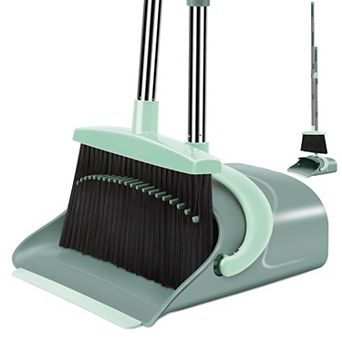 Broom and Dustpan Set Long Handle Adjustable Upright Sweeping Indoor Outdoor Gray Green