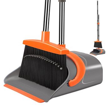 Broom and Dustpan Set Long Handle Adjustable Upright Sweeping Indoor Outdoor Gray Green
