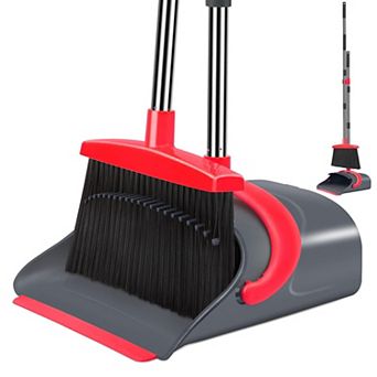 Broom and Dustpan Set Long Handle Adjustable Upright Sweeping Indoor Outdoor Gray Green