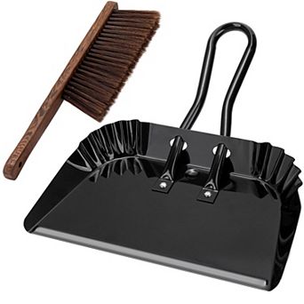17 Inch Extra Large Metal Dustpan and Wood Brush Set Heavy Duty Stainless Steel Edge Flat Flooring