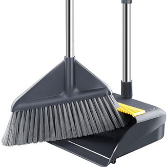 Broom And Dustpan Set 52 Inch Long Handle Metal Edge Stand Up 4 Layer Bristles Hair Cleaning Teeth