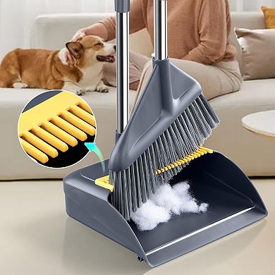 Broom And Dustpan Set 52 Inch Long Handle Metal Edge Stand Up 4 Layer Bristles Hair Cleaning Teeth