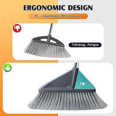Broom And Dustpan Set 52 Inch Long Handle Metal Edge Stand Up 4 Layer Bristles Hair Cleaning Teeth