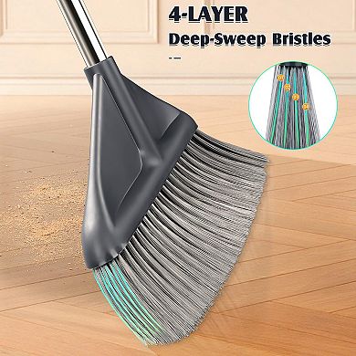 Broom And Dustpan Set 52 Inch Long Handle Metal Edge Stand Up 4 Layer Bristles Hair Cleaning Teeth
