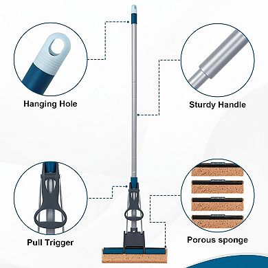 50" Telescopic Sponge Mop with 4 Refills Self-Squeeze for Hardwood Tile Concrete Walls Ceilings