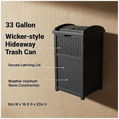 33 Gallon Wicker Hideaway Trash Can Latching Lid Weather Resistant Outdoor Patio