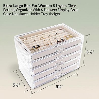 Extra Large Acrylic Jewelry Organizer 5 Drawers Velvet Lined Earring Ring Necklace Holder