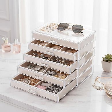 Extra Large Acrylic Jewelry Organizer 5 Drawers Velvet Lined Earring Ring Necklace Holder