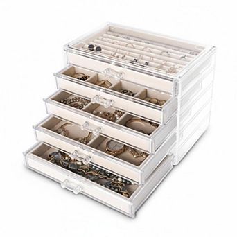 Extra Large Acrylic Jewelry Organizer 5 Drawers Velvet Lined Earring Ring Necklace Holder