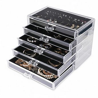 Extra Large Acrylic Jewelry Organizer 5 Drawers Velvet Lined Earring Ring Necklace Holder