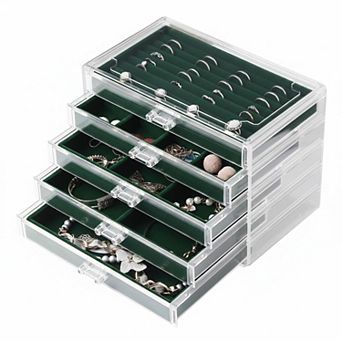 Extra Large Acrylic Jewelry Organizer 5 Drawers Velvet Lined Earring Ring Necklace Holder