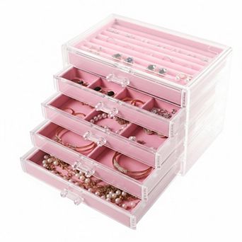 Extra Large Acrylic Jewelry Organizer 5 Drawers Velvet Lined Earring Ring Necklace Holder