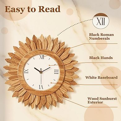 14 Inch Silent Wood Boho Sunburst Decorative Wall Clock for Living Room Kitchen Bedroom Office Decor