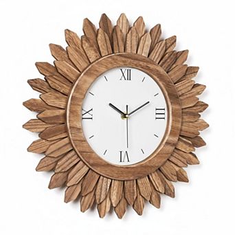 14 Inch Silent Wood Boho Sunburst Decorative Wall Clock for Living Room Kitchen Bedroom Office Decor