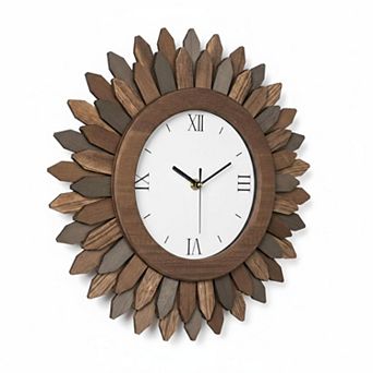 14 Inch Silent Wood Boho Sunburst Decorative Wall Clock for Living Room Kitchen Bedroom Office Decor