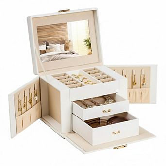 Lockable 3 Layer Jewelry Organizer with Mirror Drawers Necklace Ring Earring Storage for Women