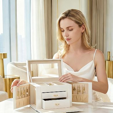 Lockable 3 Layer Jewelry Organizer with Mirror Drawers Necklace Ring Earring Storage for Women