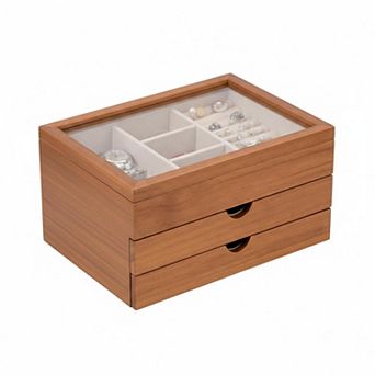 3 Layer Solid Pine Wood Jewelry Organizer with Glass Lid Vintage Style