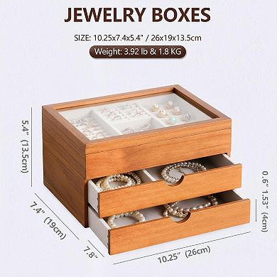 3 Layer Solid Pine Wood Jewelry Organizer with Glass Lid Vintage Style