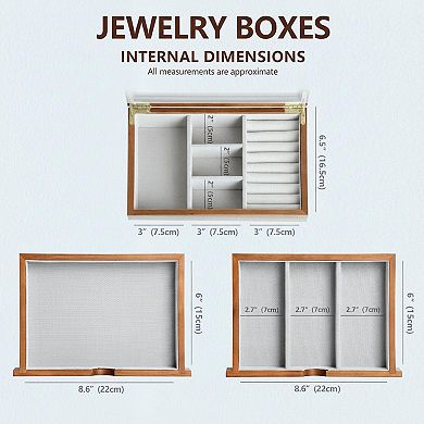 3 Layer Solid Pine Wood Jewelry Organizer with Glass Lid Vintage Style