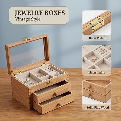 3 Layer Solid Pine Wood Jewelry Organizer with Glass Lid Vintage Style