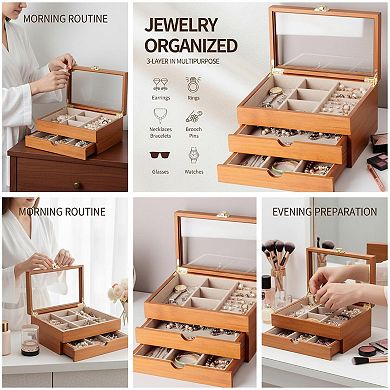 3 Layer Solid Pine Wood Jewelry Organizer with Glass Lid Vintage Style