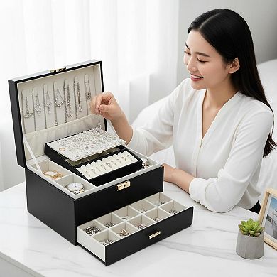 3 Layer Large Leather Jewelry Organizer Storage Case for Earrings Rings Necklaces Bracelets Watches