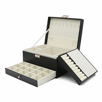 3 Layer Large Leather Jewelry Organizer Storage Case for Earrings Rings Necklaces Bracelets Watches