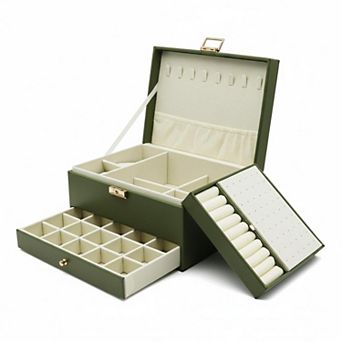 3 Layer Large Leather Jewelry Organizer Storage Case for Earrings Rings Necklaces Bracelets Watches