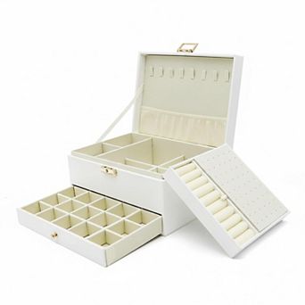 3 Layer Large Leather Jewelry Organizer Storage Case for Earrings Rings Necklaces Bracelets Watches