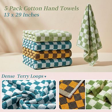 5 Pack Cotton Hand Towels Checkered Design Soft Absorbent Multipurpose For Bathroom Kitchen Gym Spa