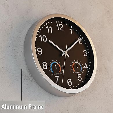 12 Inch Sealed Waterproof Indoor Outdoor Clock Thermometer Hygrometer Silent Quartz Metal Wall Clock